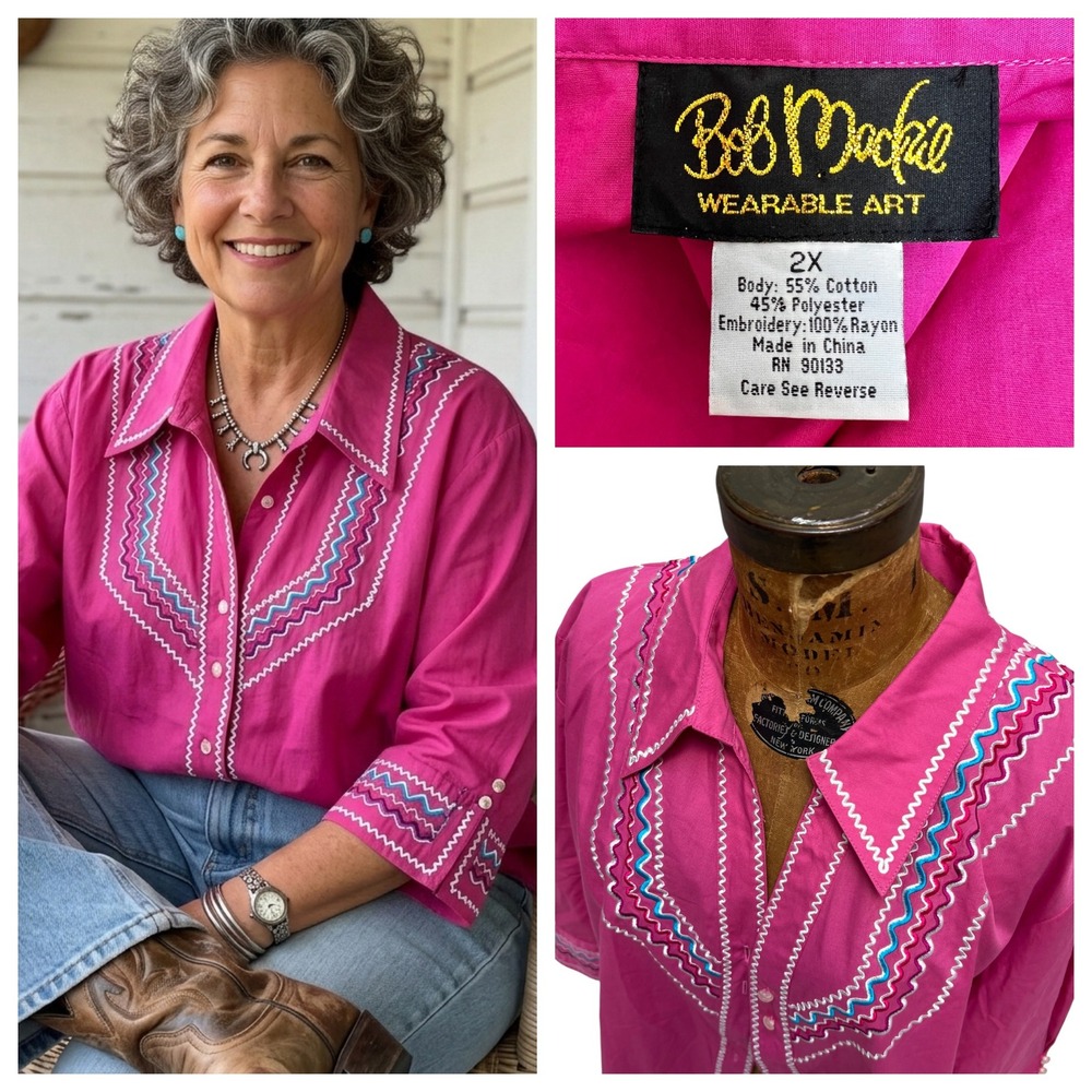 90's Bob Mackie Wearable‎ Art Pink Embroidered Western Shirt 2X Coastal Grandma